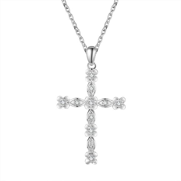 Real Diamond Floral Cross Pendant 14K White Gold